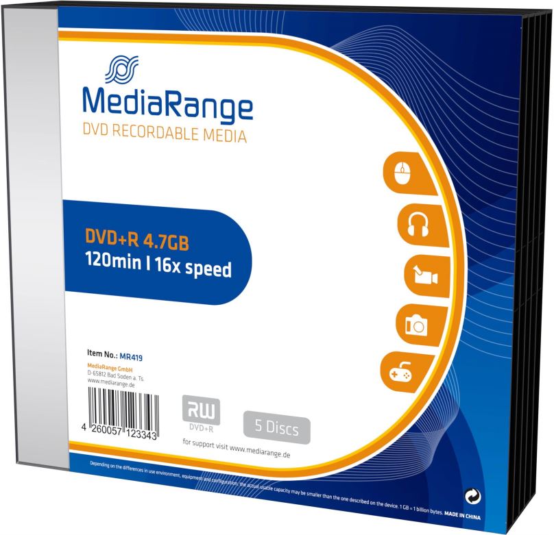 Média MEDIARANGE DVD+R 4,7GB 16x slimcase 5ks