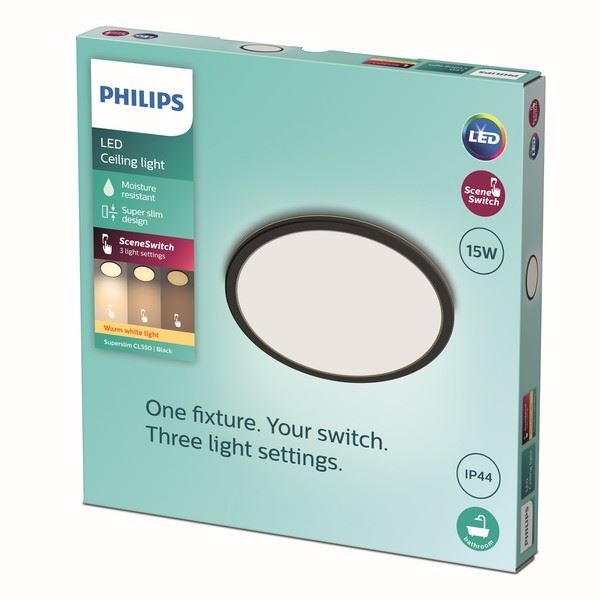 Philips 8719514327207 LED stropní svítidlo Super Slim 1x15W | 1300lm | 2700K | IP44 - EyeComfort, černá