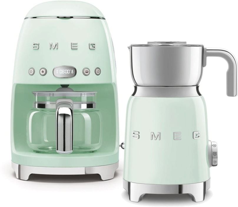 Set SMEG 50's Retro Style Překapávač 1,4l 10 cup pastelově zelený + Šlehač mléka 0,6l pastelově zelený