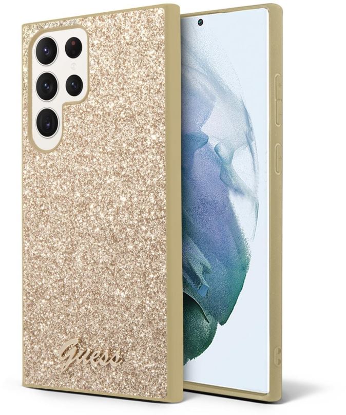 Kryt na mobil Guess PC/TPU Glitter Flakes Metal Logo Zadní Kryt pro Samsung Galaxy S23 Ultra Gold