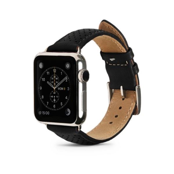 Monowear Black Perforated Leather Band pro Apple Watch - Silver Polished 42 mm