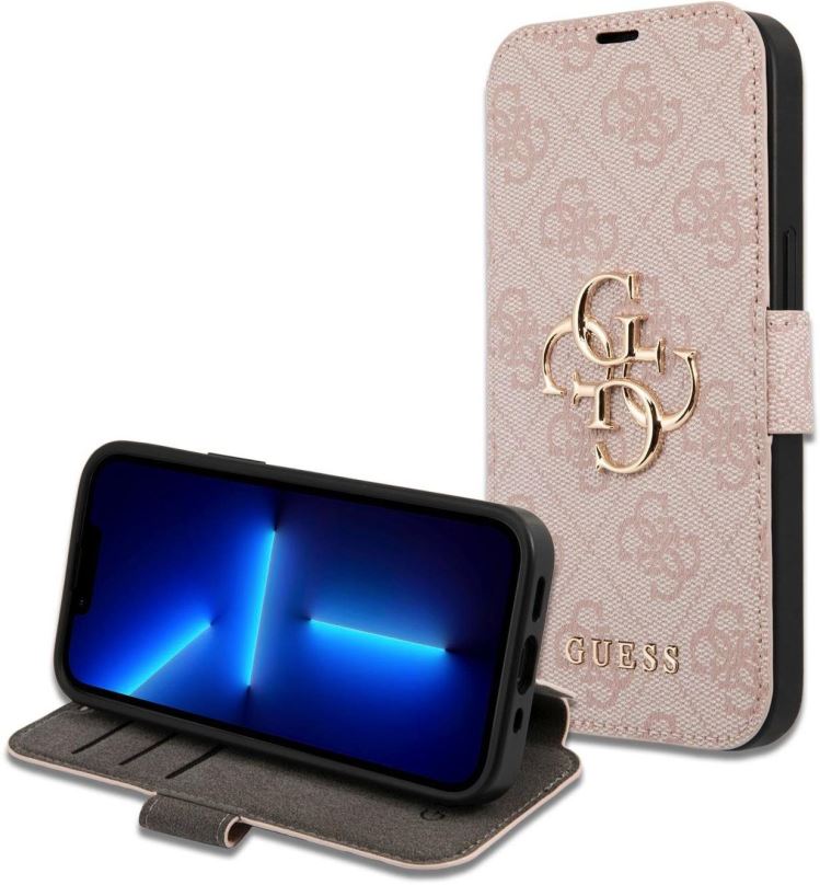 Pouzdro na mobil Guess PU 4G Metal Logo Book Pouzdro pro iPhone 15 Pro Pink