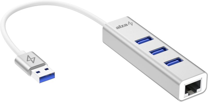 USB Hub AlzaPower AluCore USB-A (M) na 3x USB-A (F) s LAN stříbná