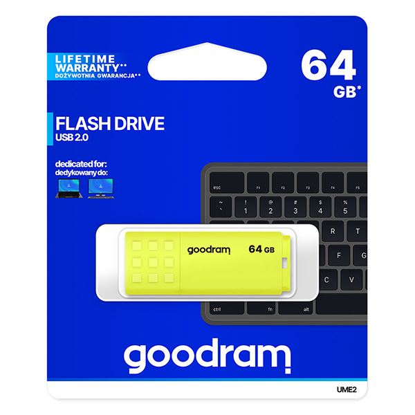 Goodram USB flash disk, USB 2.0, 64GB, UME2, žlutý, UME2-0640Y0R11, USB A, s krytkou