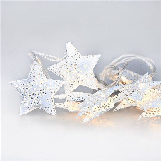 Vánoční osvětlení LED řetěz vánoční hvězdy, kovové, bílé, 10LED, 1m, 2x AA, IP20