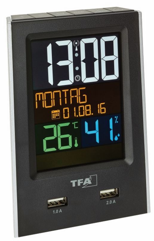 Budík s ukazatelem vnitřní teploty a vlhkosti a USB výstupem pro dobíjení mobilních zařízení TFA 60.2537.01