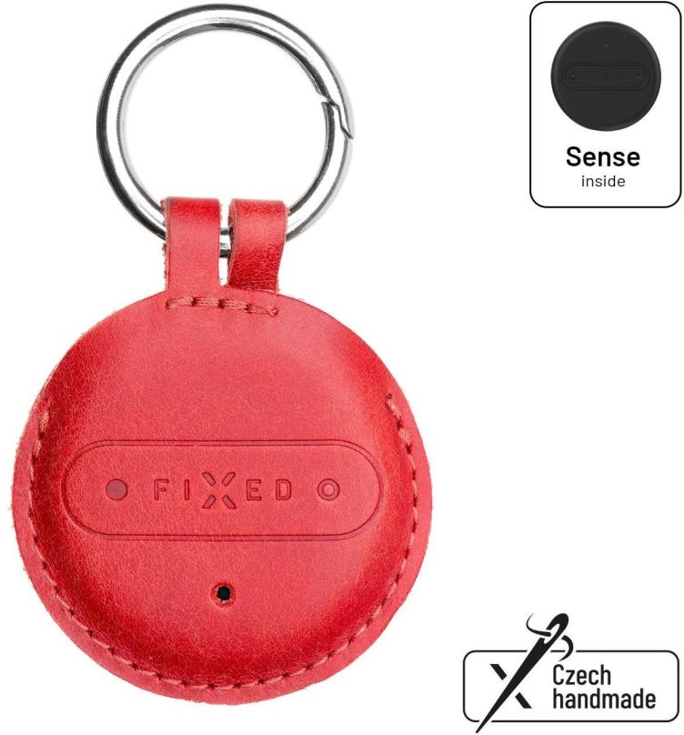 Bluetooth lokalizační čip FIXED Sense s červeným koženým pouzdrem a karabinou
