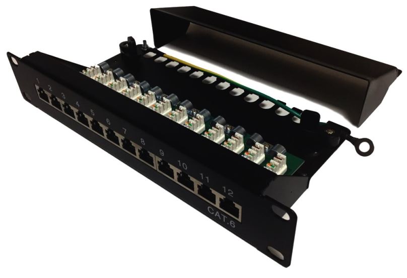 XtendLan Patch panel 10", 1U / 12 portů, CAT6,  stíněný, LSA, vodorovné umístění konektorů, zemnič, černá barva