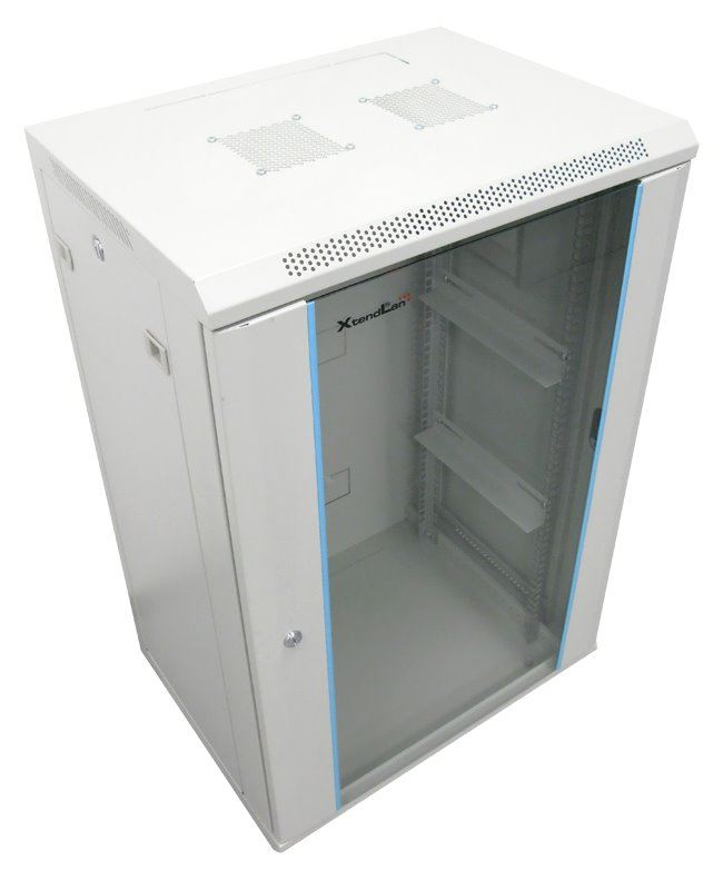 XtendLan 22U/600x600, na zeď, jednodílný, rozložený, skleněné dveře, šedý